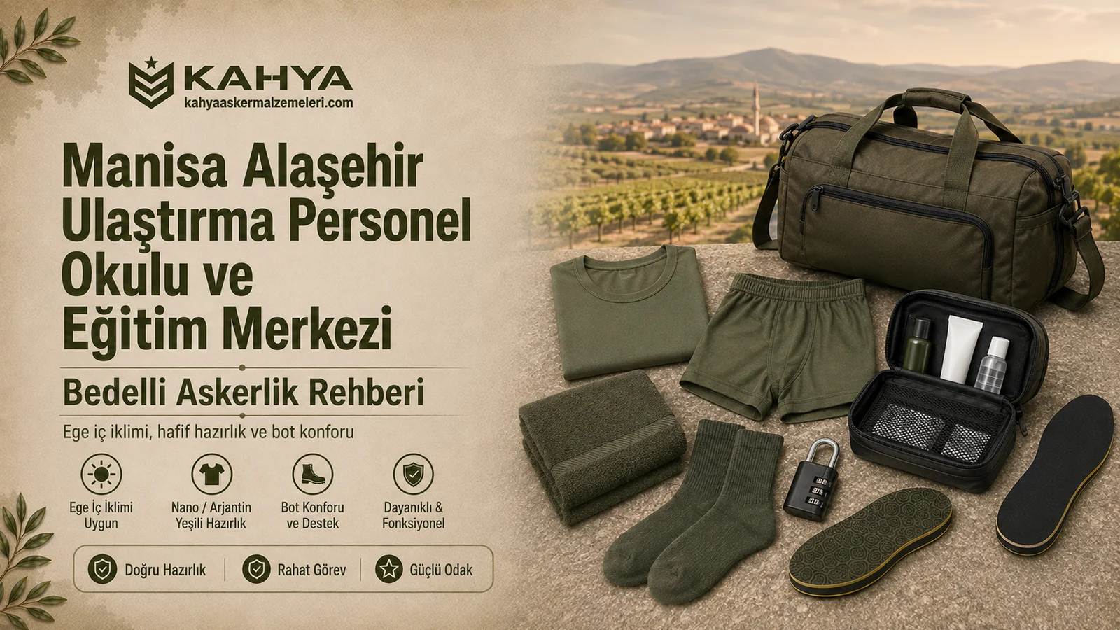 Manisa Alaşehir bedelli askerlik rehberi için haki ve yeşil tonlu asker iç giyimi, çanta ve temel hazırlık malzemeleri