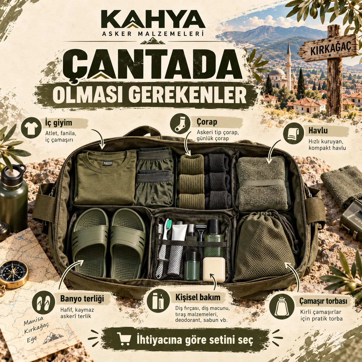 Kırkağaç Jandarma Komando Eğitim Merkezi — asker çantasında iç giyim, havlu ve kişisel bakım ürünleri (temsili infografik)