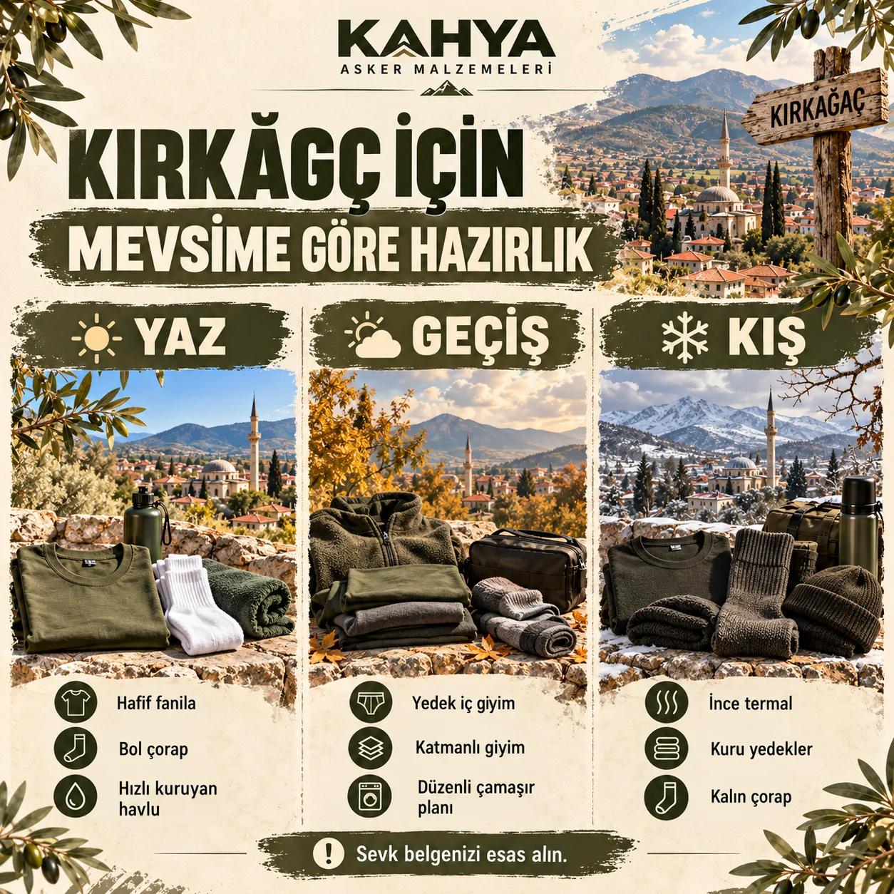 Kırkağaç Jandarma Komando Eğitim Merkezi — mevsime göre asker malzemesi hazırlığı (temsili infografik)
