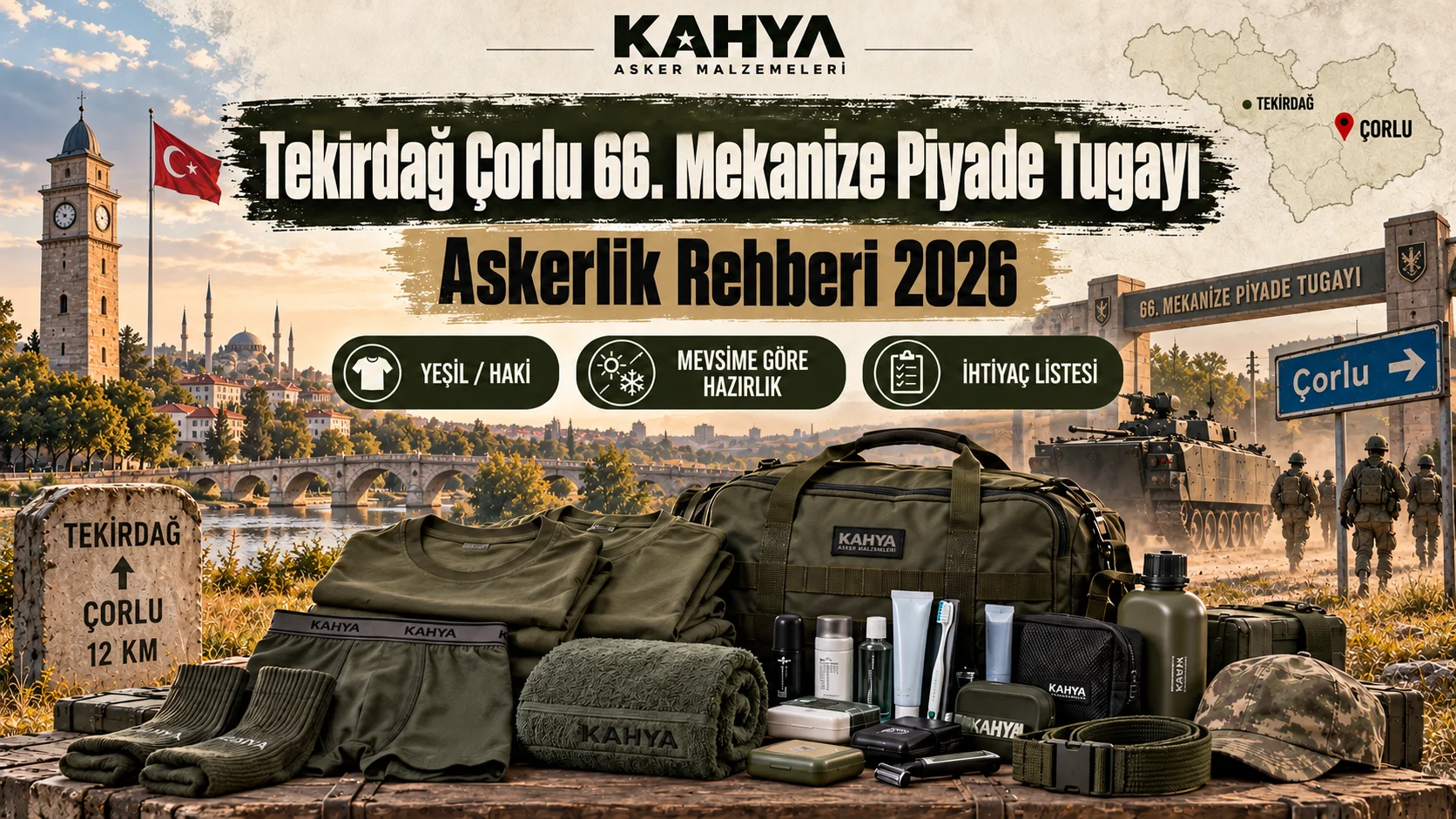 Tekirdağ Çorlu 66. Mekanize Piyade Tugayı — 2026 askerlik hazırlığı ve malzeme rehberi (temsili görsel); resmî askerî fotoğraf veya doğrulanmış birlik görüntüsü değildir