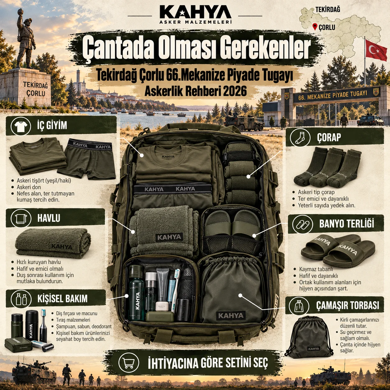 Tekirdağ Çorlu 66. Mekanize Piyade Tugayı — iç giyim, çorap, havlu, bakım ürünleri ve çanta düzeni (temsili infografik); resmî askerî fotoğraf veya doğrulanmış birlik görüntüsü değildir