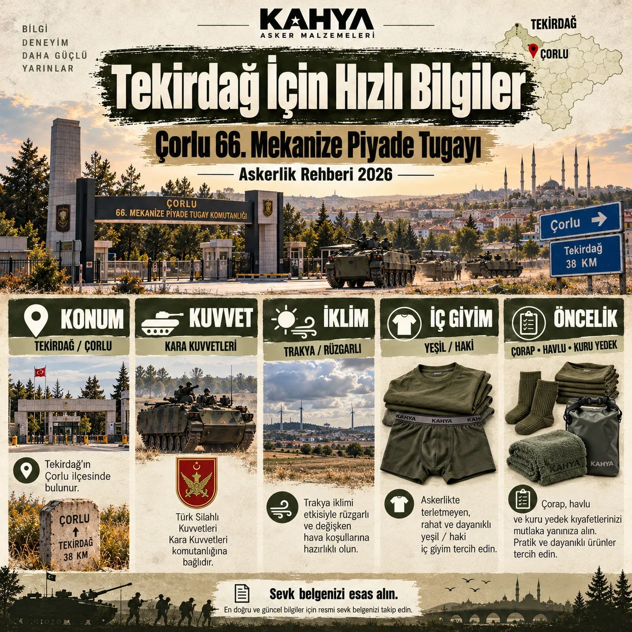 Tekirdağ Çorlu 66. Mekanize Piyade Tugayı — birlik bilgileri ve hazırlık özeti (temsili infografik); resmî askerî fotoğraf veya doğrulanmış birlik görüntüsü değildir