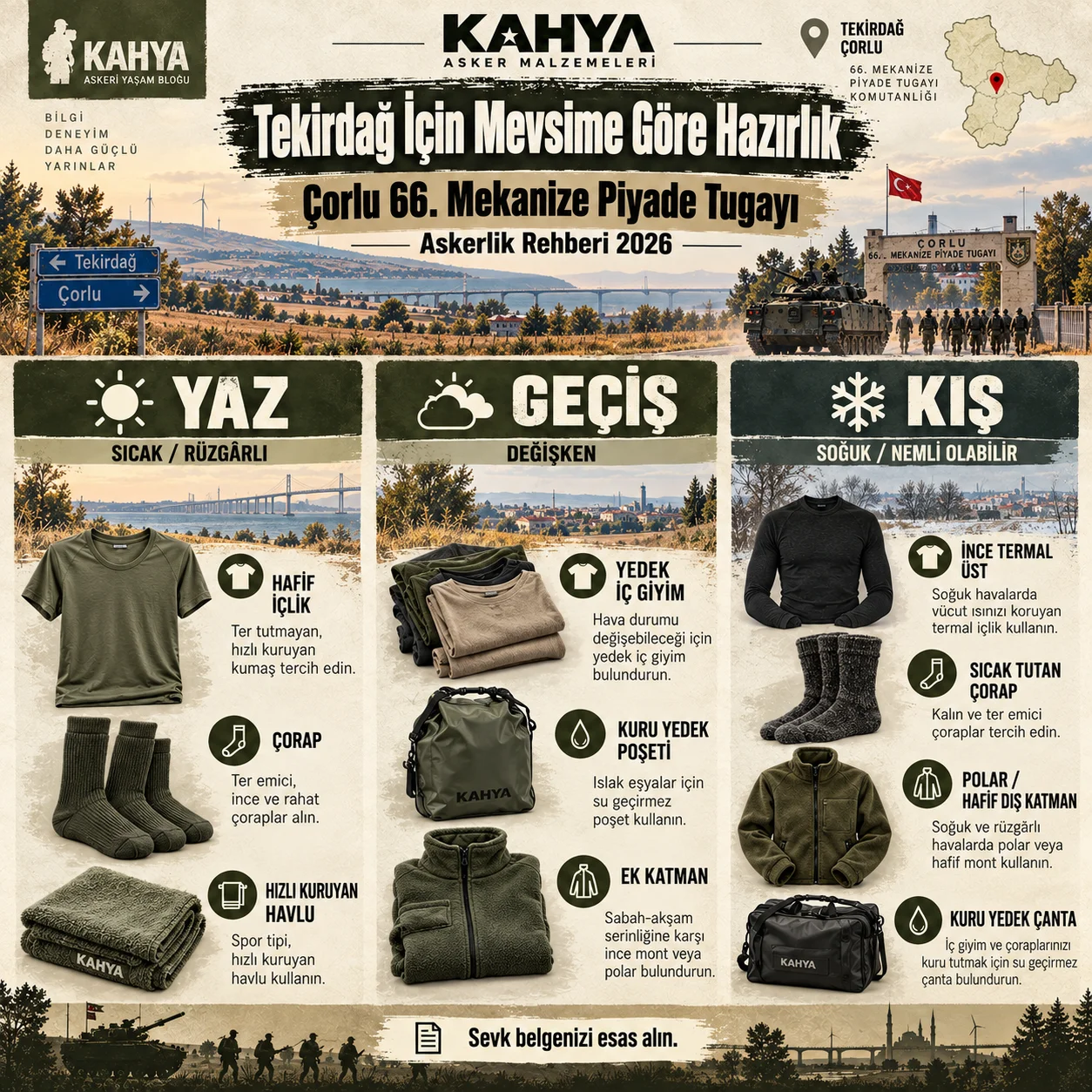 Tekirdağ Çorlu 66. Mekanize Piyade Tugayı — mevsime göre iç giyim ve asker malzemeleri (temsili infografik); resmî askerî fotoğraf veya doğrulanmış birlik görüntüsü değildir