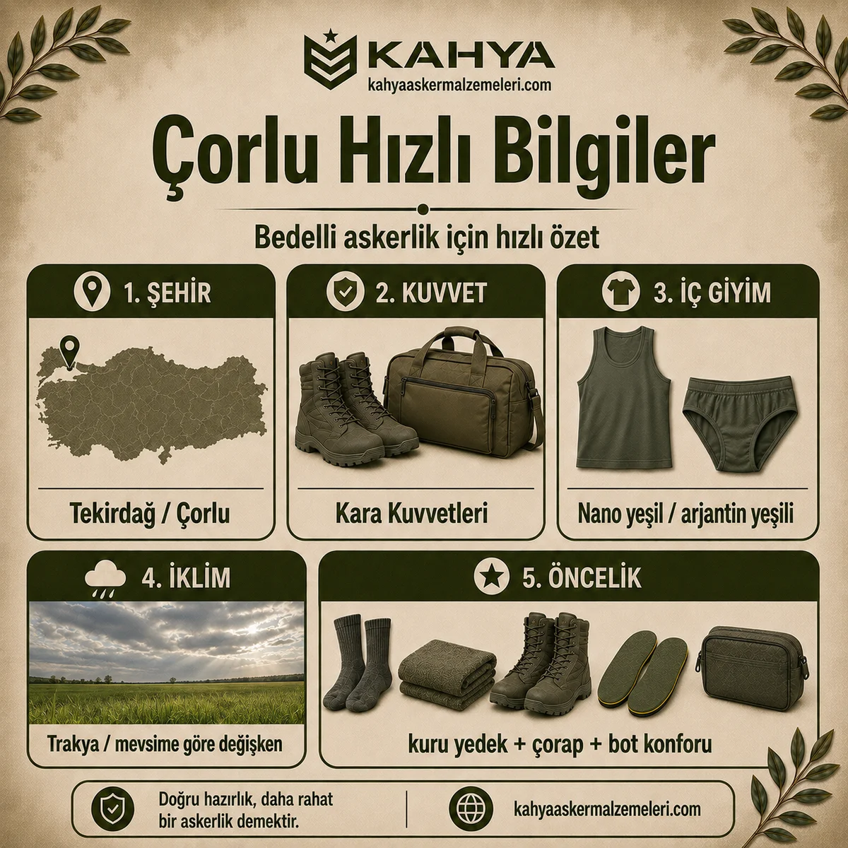 Tekirdağ Çorlu bedelli askerlik hızlı bilgiler; kuvvet, iç giyim rengi, iklim ve hazırlık öncelikleri