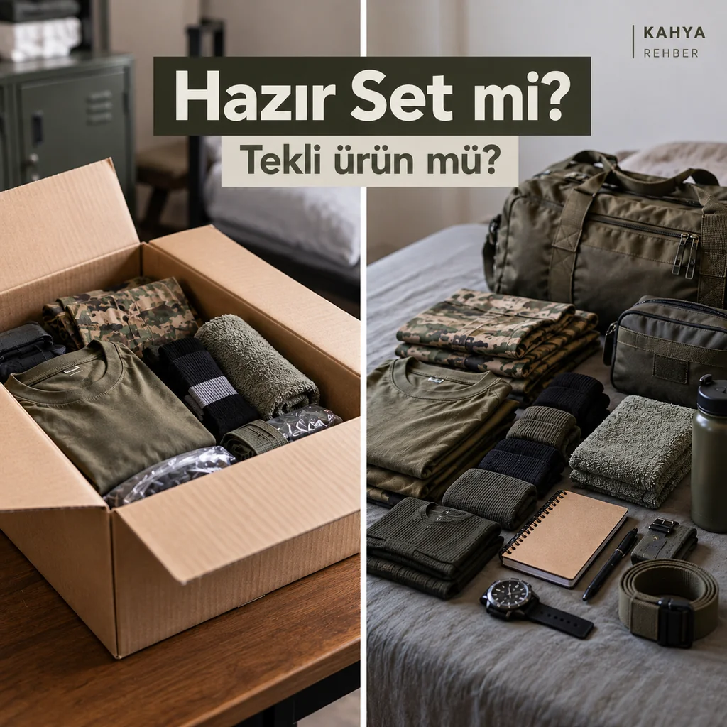 Hazır asker seti ve tek tek seçilen asker malzemelerinin karşılaştırıldığı görsel