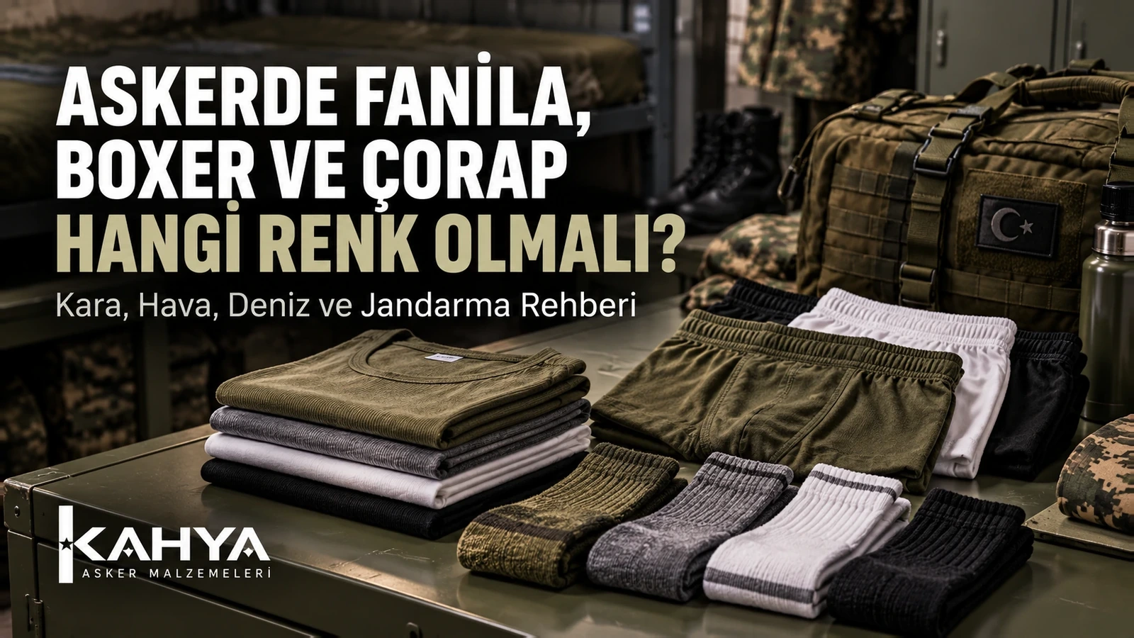 Askerde iç giyim renkleri rehberi kapağı; haki, gri, beyaz ve siyah fanila, boxer ve çoraplar, temsili çizim.