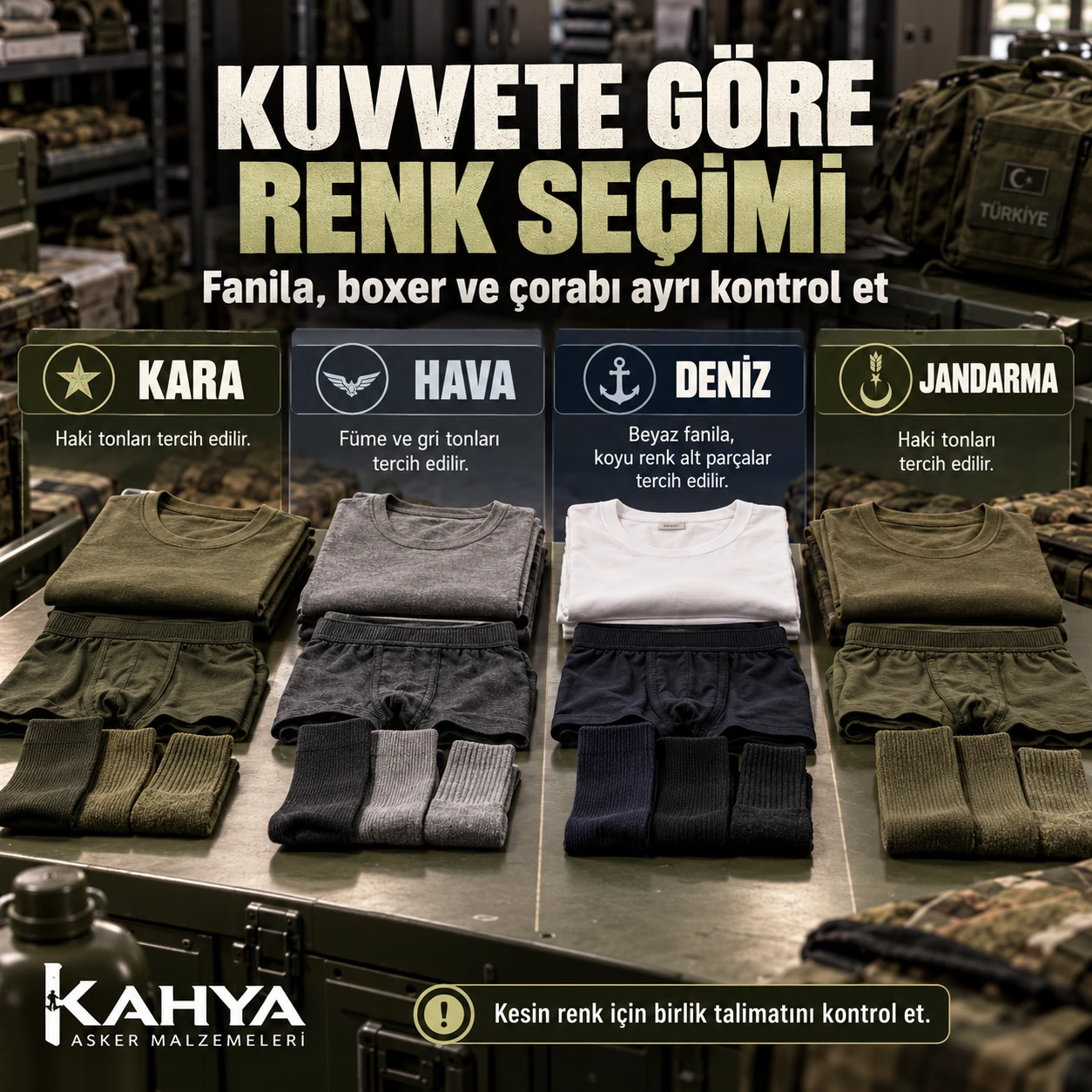 Kara, Hava, Deniz ve Jandarma için fanila renk eşlemesi; kesin renk için birlik talimatını kontrol et uyarılı temsili rehber.