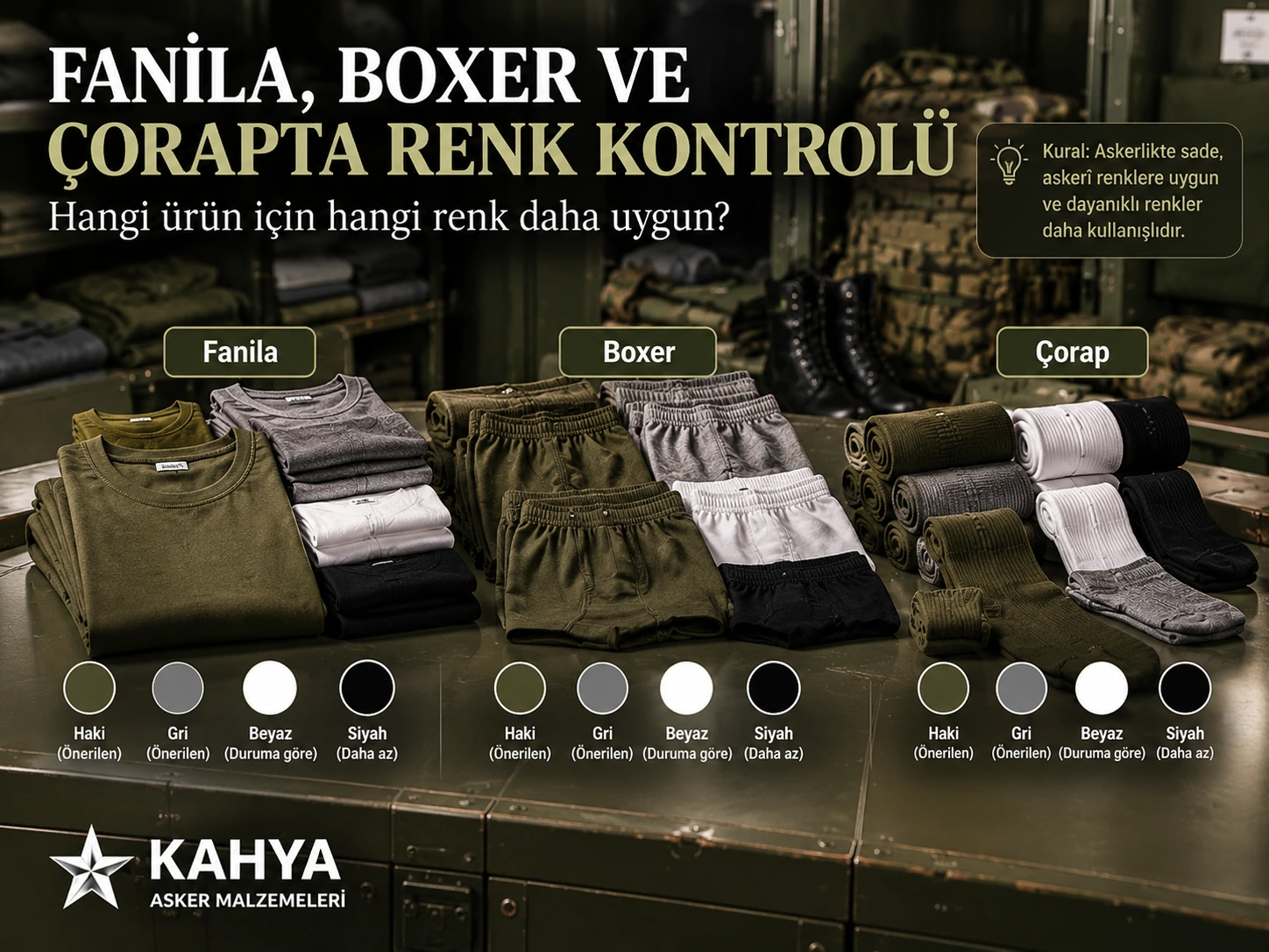Fanila, boxer ve çorabı ayrı gruplarda gösteren renk karşılaştırması; haki, gri, beyaz ve siyah ürünler, temsili çizim.
