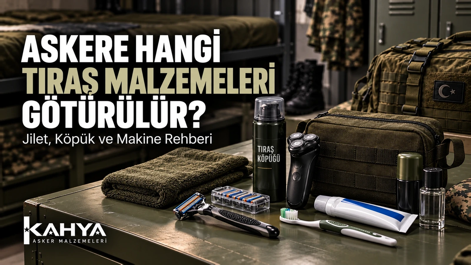 Askere tıraş malzemeleri rehberi kapağı; kartuşlu bıçak, köpük, elektrikli makine ve bakım çantası, temsili çizim.