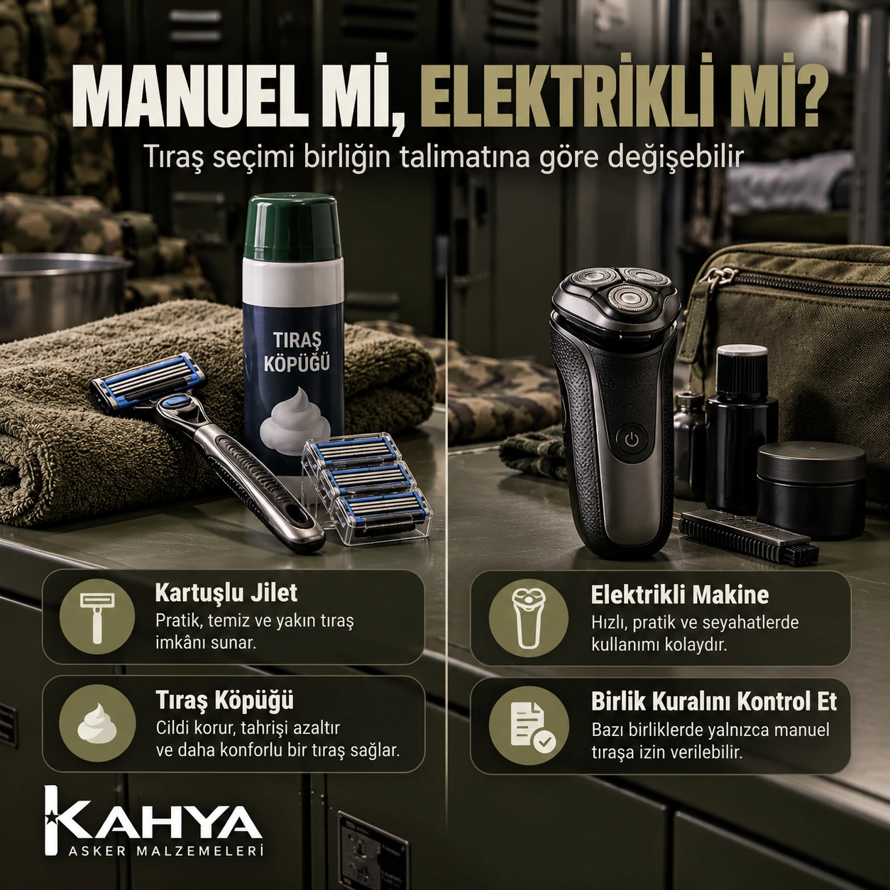 Kartuşlu jilet ile elektrikli makine karşılaştırması ve birliğin kullanım kuralını kontrol et uyarısı, temsili çizim.