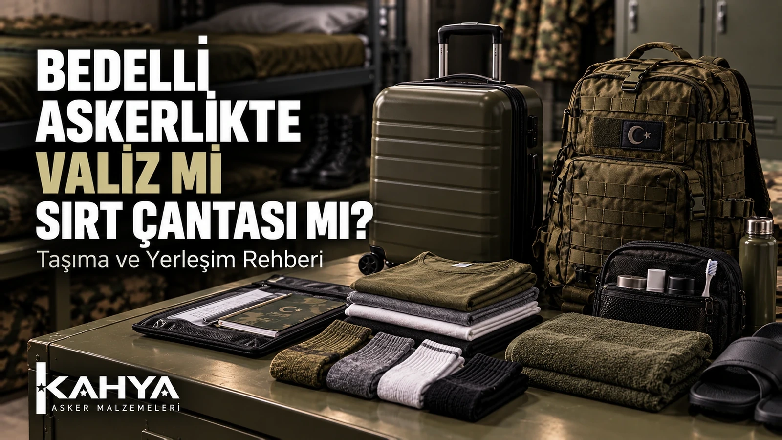 Bedelli askerlikte valiz ve sırt çantası rehberi kapağı; iki çanta, katlanmış giysiler ve bakım ürünleri, temsili çizim.