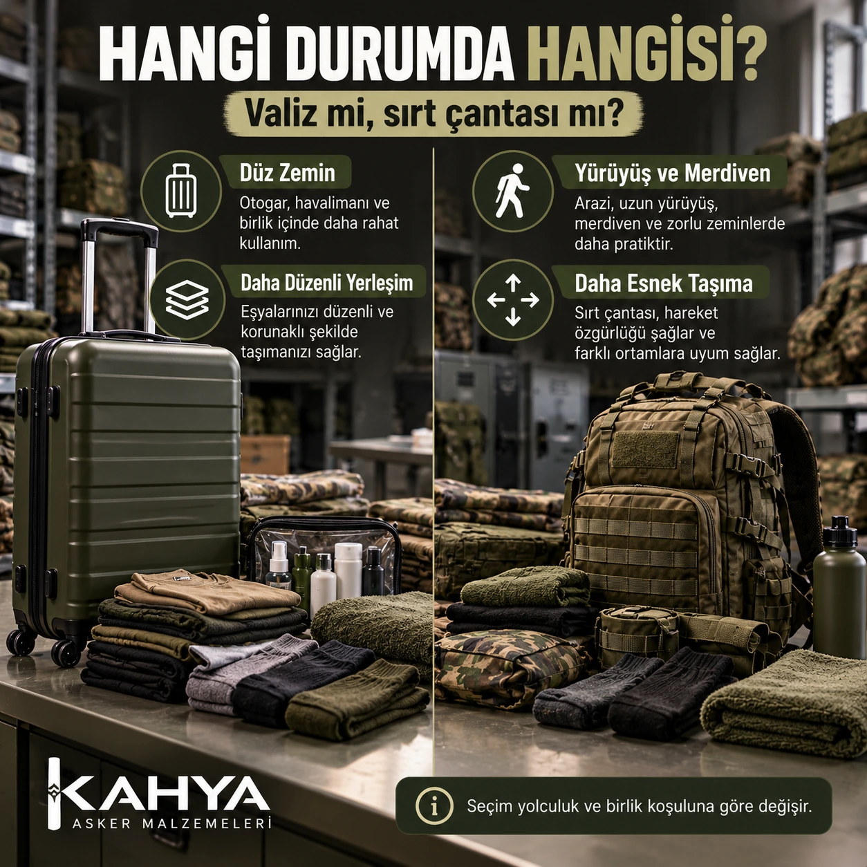 Valizin düz zeminde, sırt çantasının yürüyüş ve merdivende kullanımını karşılaştıran temsili rehber.