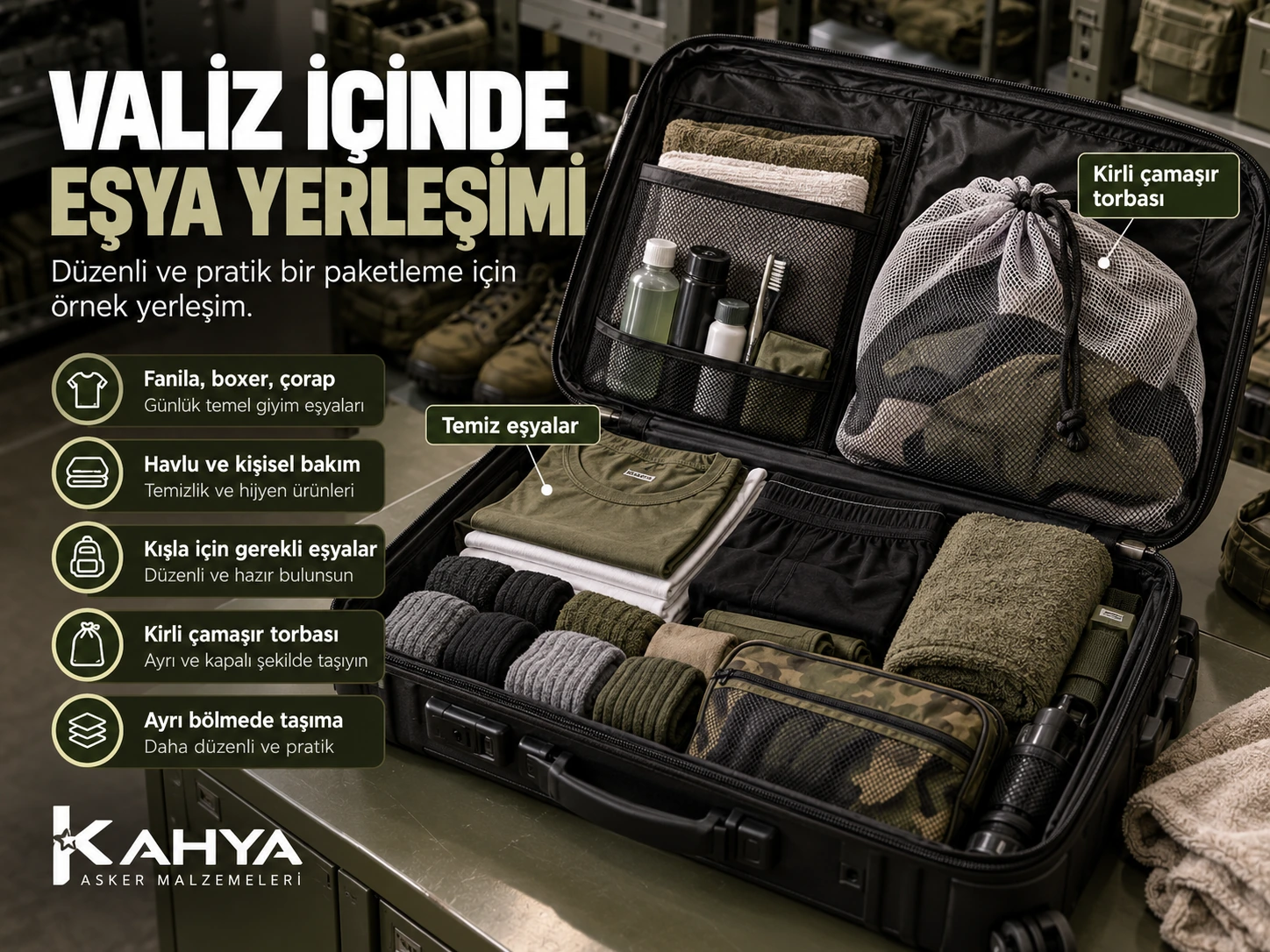 Açık valizde katlanmış temiz giysiler, bakım ürünleri ve ayrı kirli çamaşır torbasının yerleşimi, temsili çizim.