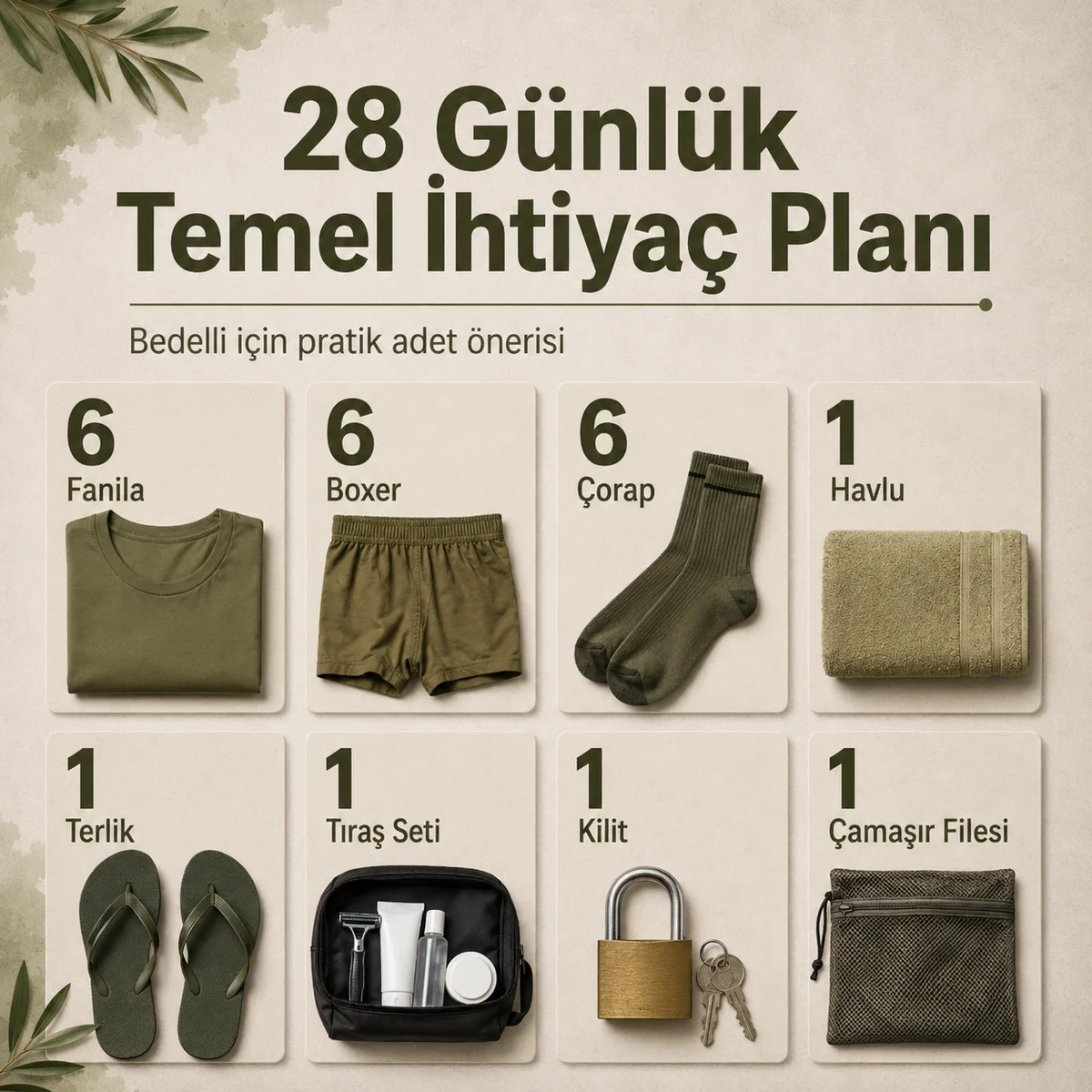 Bedelli askerlikte 28 günlük kullanım için fanila, boxer, çorap ve temel ihtiyaç adet planı