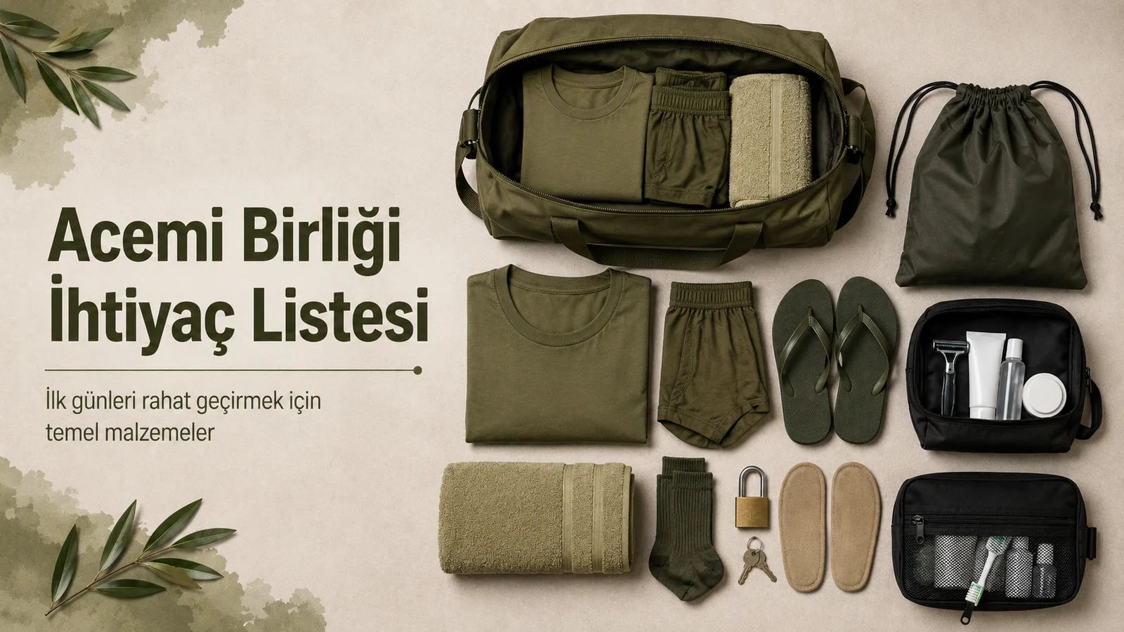Acemi birliği için hazırlanmış temel asker ihtiyaç çantası ve malzemeleri