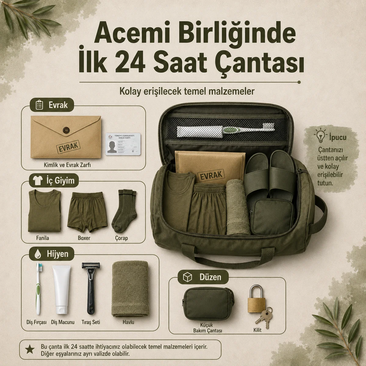 Acemi birliğinde ilk 24 saatte kolay erişilecek evrak, iç giyim ve hijyen çantası