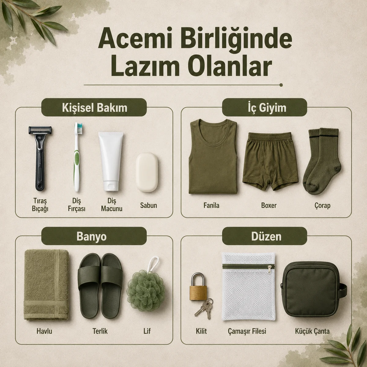 Acemi birliğinde kişisel bakım, iç giyim, banyo ve düzen için lazım olanlar