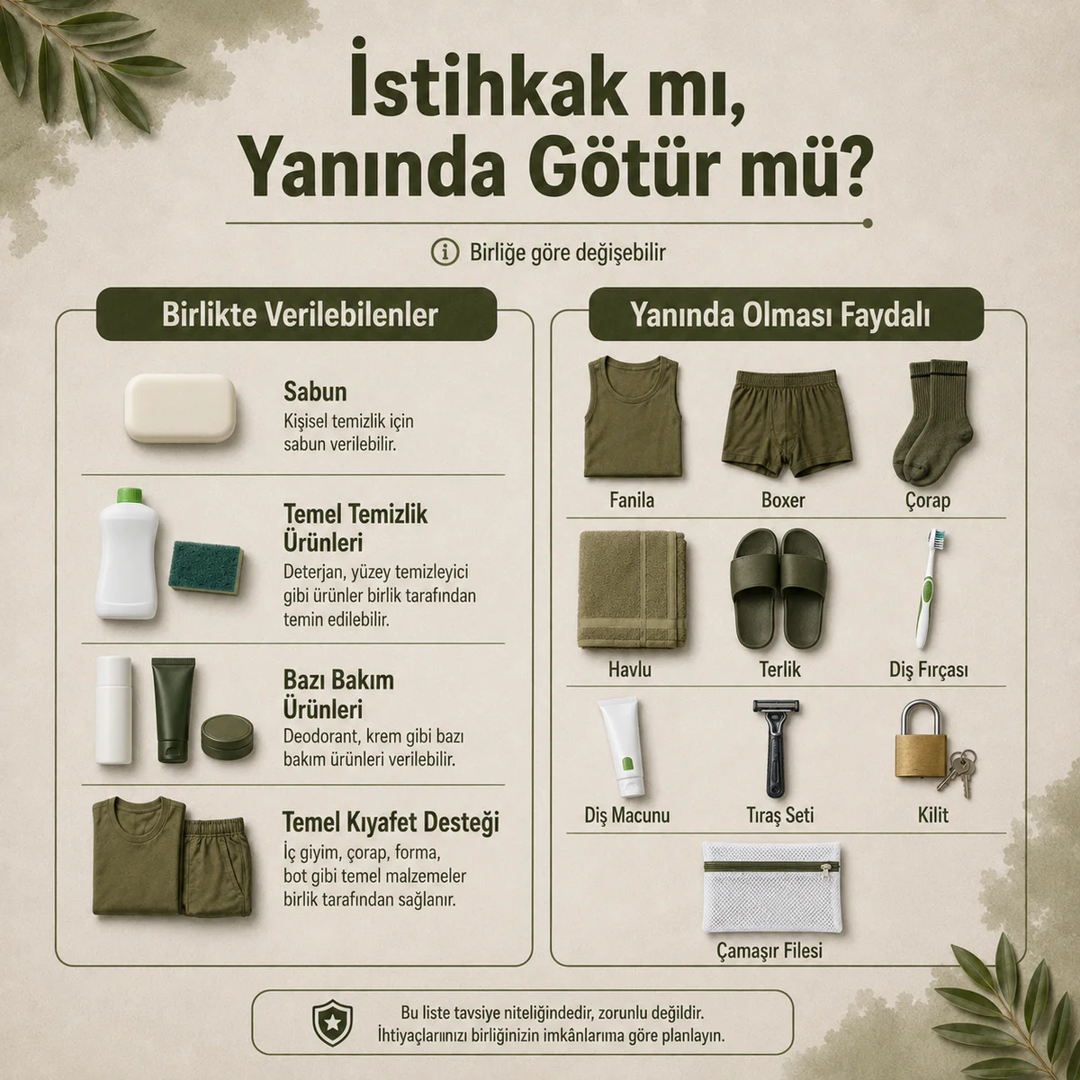 Acemi birliğinde istihkakla verilebilenler ve yanında götürülmesi faydalı malzemeler