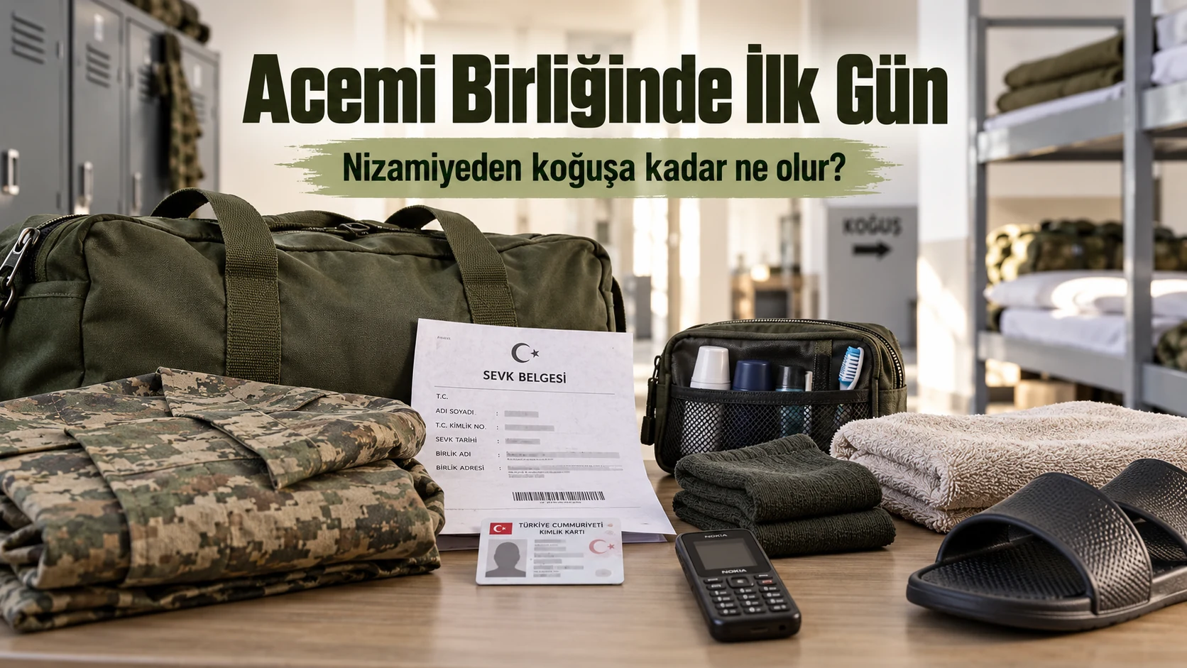 Acemi birliğinde ilk gün için sevk belgesi, çanta ve temel ihtiyaçları gösteren hazırlık görseli