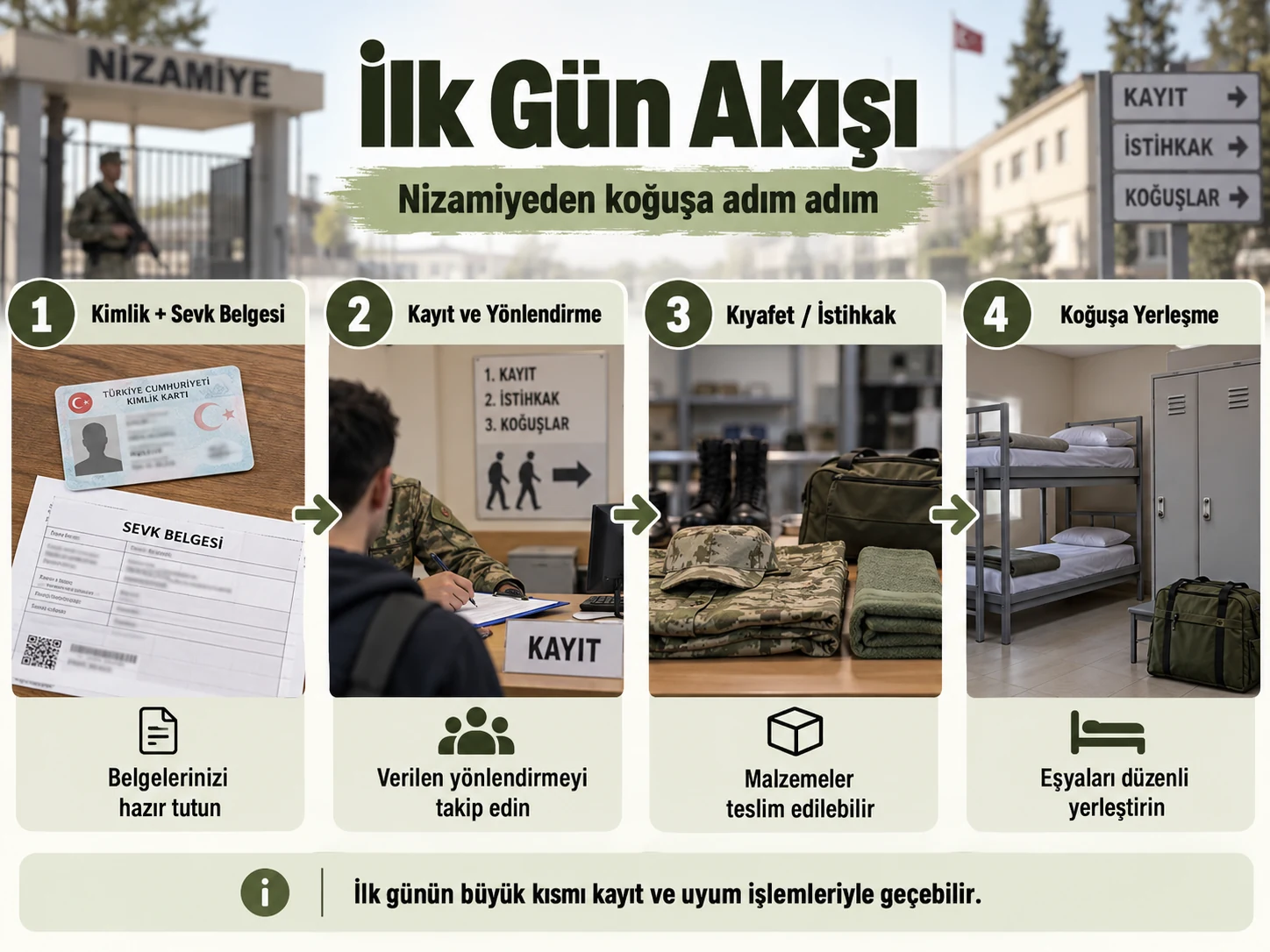 Nizamiyeden koğuşa kimlik kontrolü, kayıt, istihkak ve yerleşme adımlarını gösteren akış
