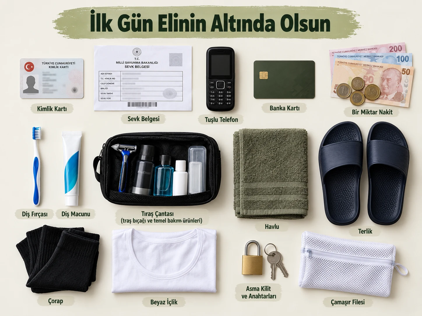 Acemi birliğinde ilk gün kolay ulaşılacak kimlik, sevk belgesi, telefon, bakım ve temel ihtiyaçlar