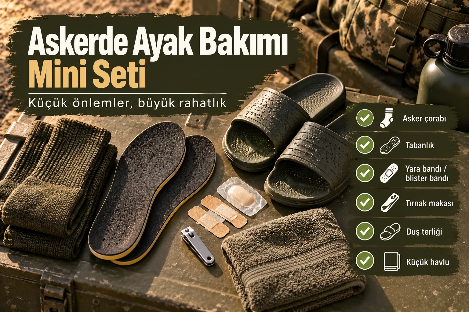 Asker çorabı, tabanlık, blister bandı, tırnak makası, duş terliği ve küçük havludan oluşan ayak bakım seti