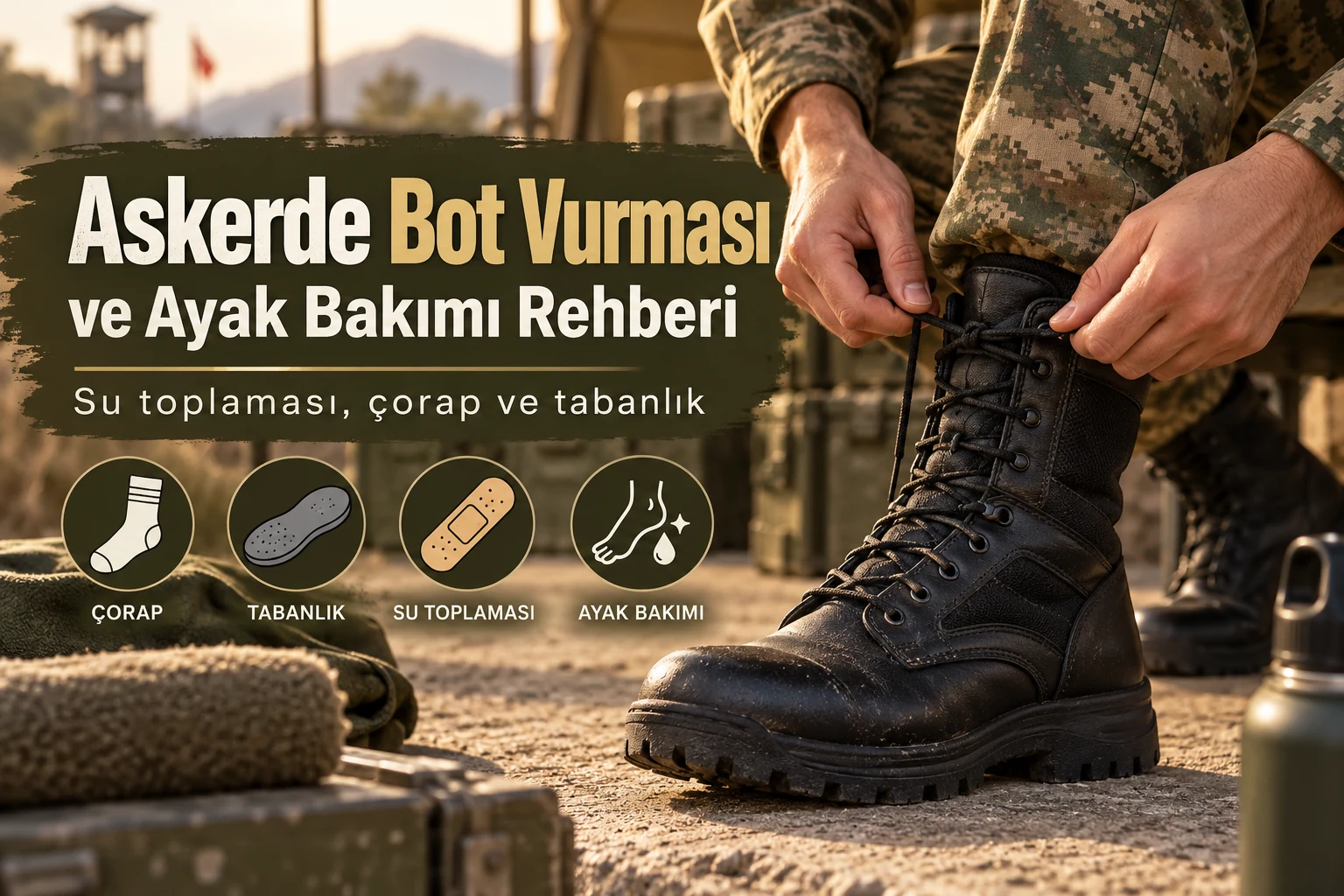 Askerde bot vurması ve ayak bakımı rehberi için asker botu, çorap ve tabanlık temalı kapak görseli