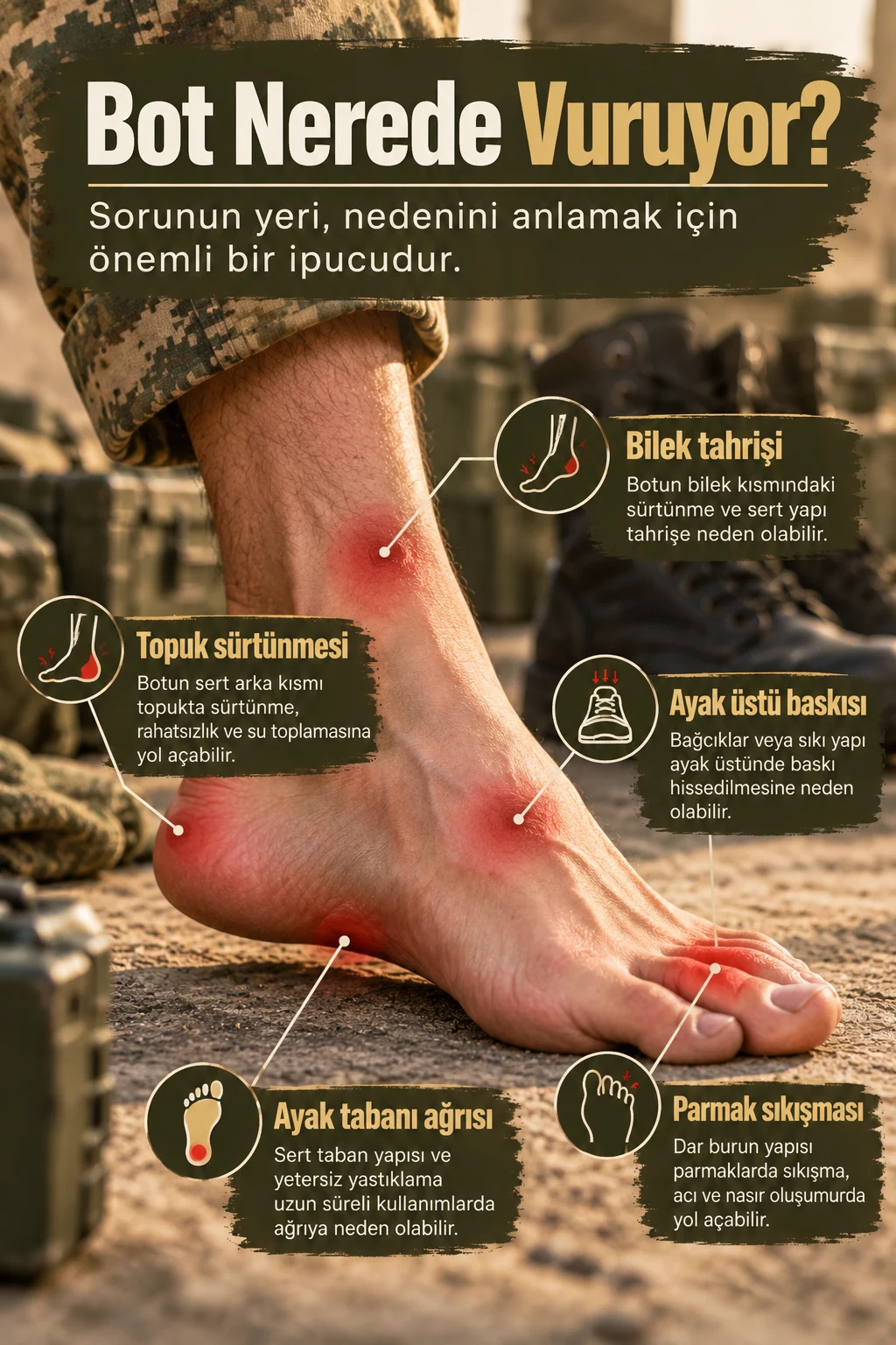 Asker botunun topuk, bilek, ayak üstü, taban ve parmaklarda oluşturabileceği baskı ve sürtünme bölgeleri