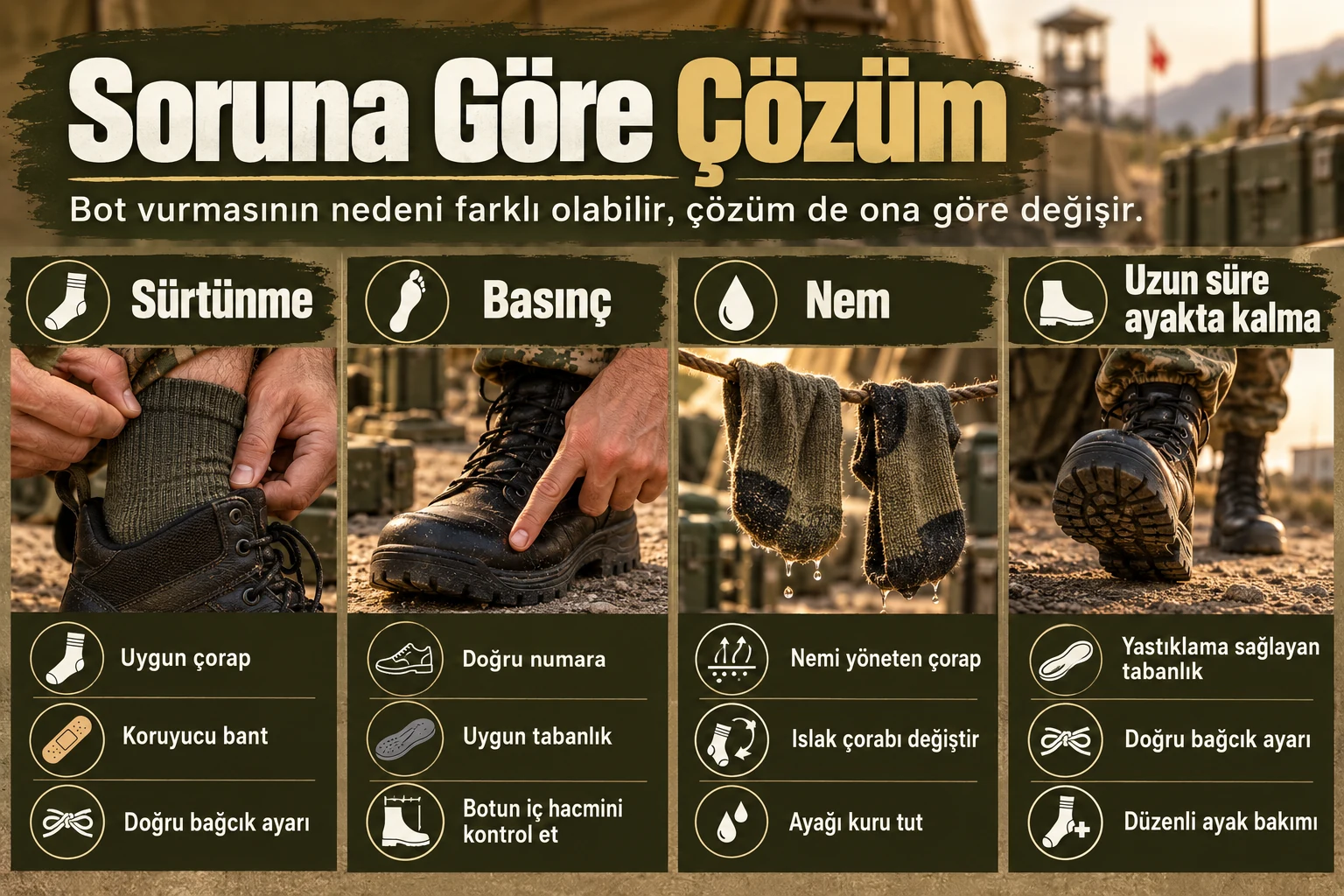 Sürtünme, basınç, nem ve uzun süre ayakta kalmaya göre çorap, bağcık ve tabanlık çözüm infografiği