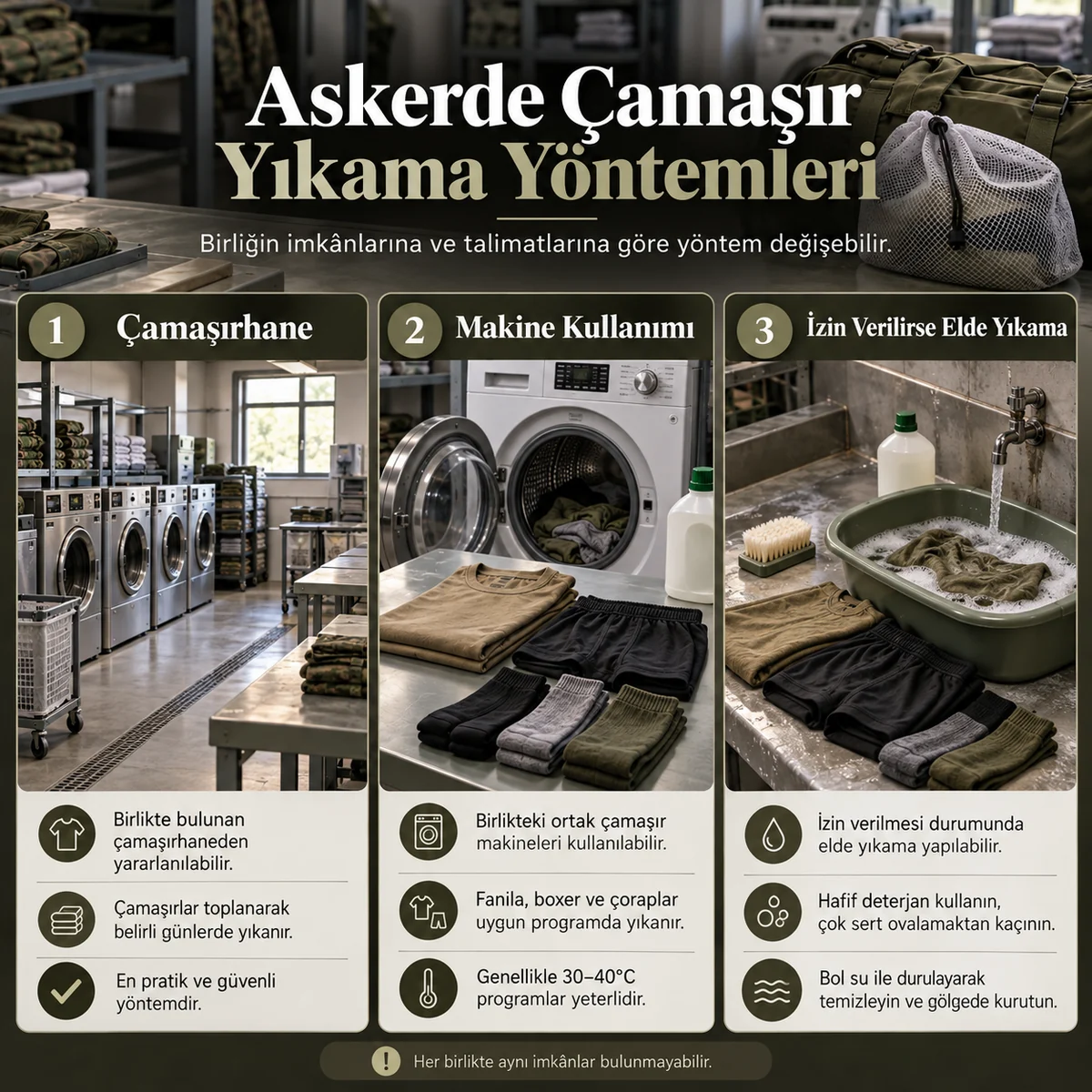 Askerde çamaşırhane, makine ve izin verilirse elde yıkama yöntemleri