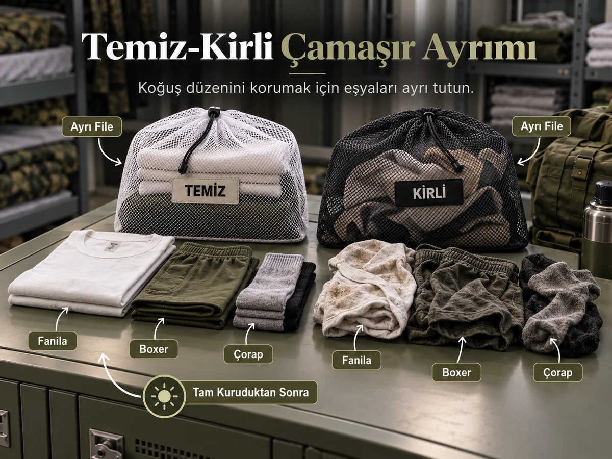 Temiz ve kirli asker çamaşırları için ayrı file düzeni