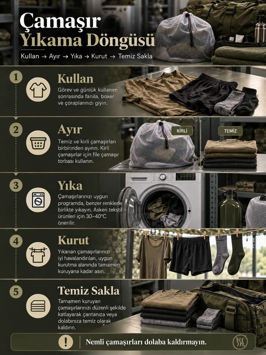 Çamaşır yıkama döngüsü: kullan, ayır, yıka, kurut ve temiz sakla