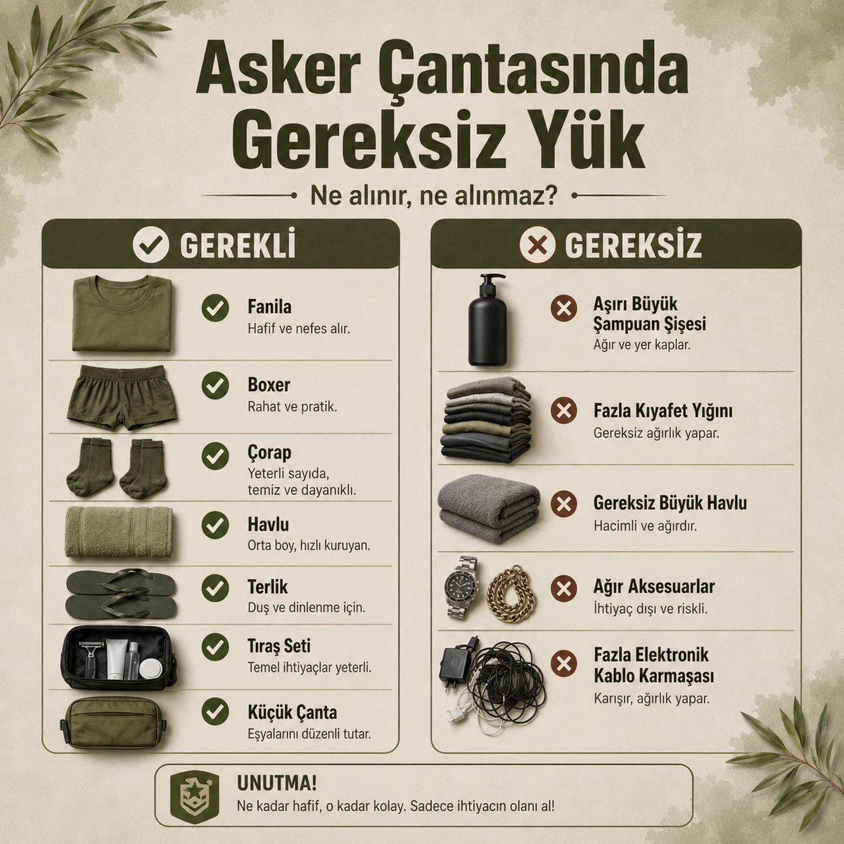 Asker çantasında gerekli malzemeler ile gereksiz yüklerin karşılaştırması