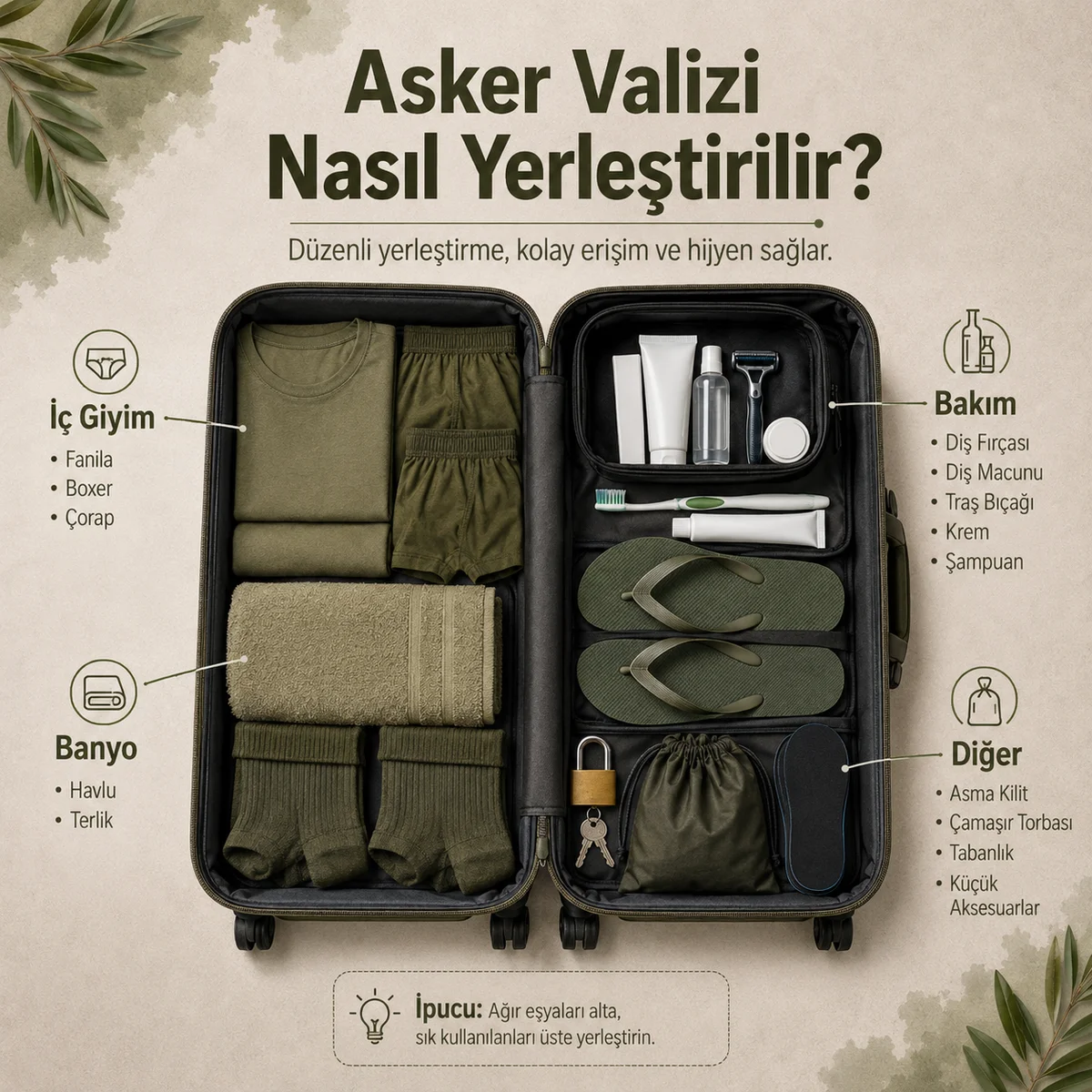 Asker valizinde iç giyim, bakım, banyo ve diğer malzemelerin düzenli yerleşimi