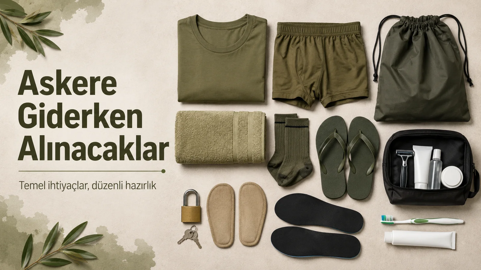 Askere giderken alınacak temel asker malzemelerinin düzenli flat lay görünümü