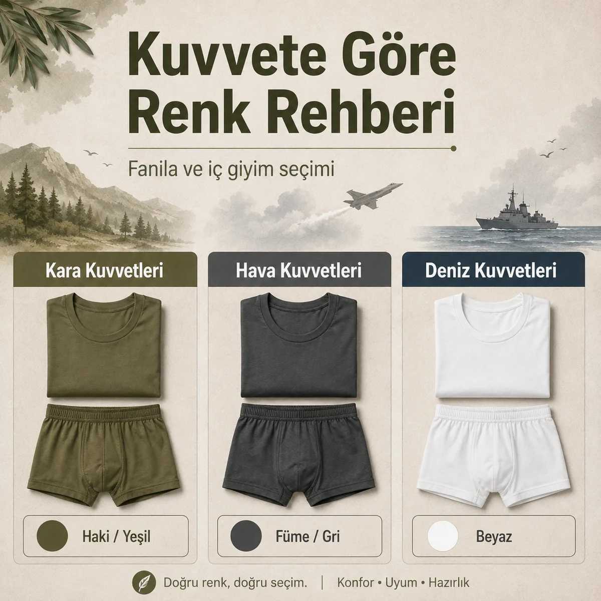 Kara, Hava ve Deniz Kuvvetlerine göre asker iç giyim renk rehberi