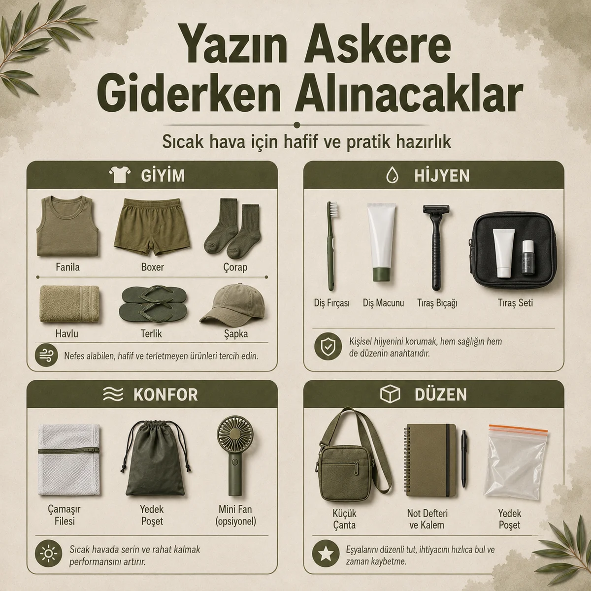Yazın askere giderken alınacak hafif iç giyim, hijyen ve konfor malzemeleri