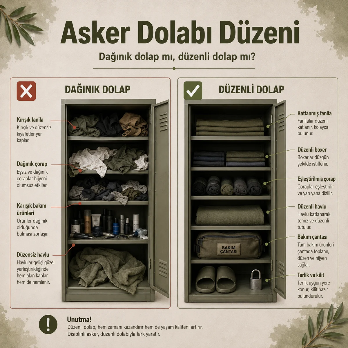 Dağınık ve düzenli asker dolabı karşılaştırması ile eşya yerleşimi