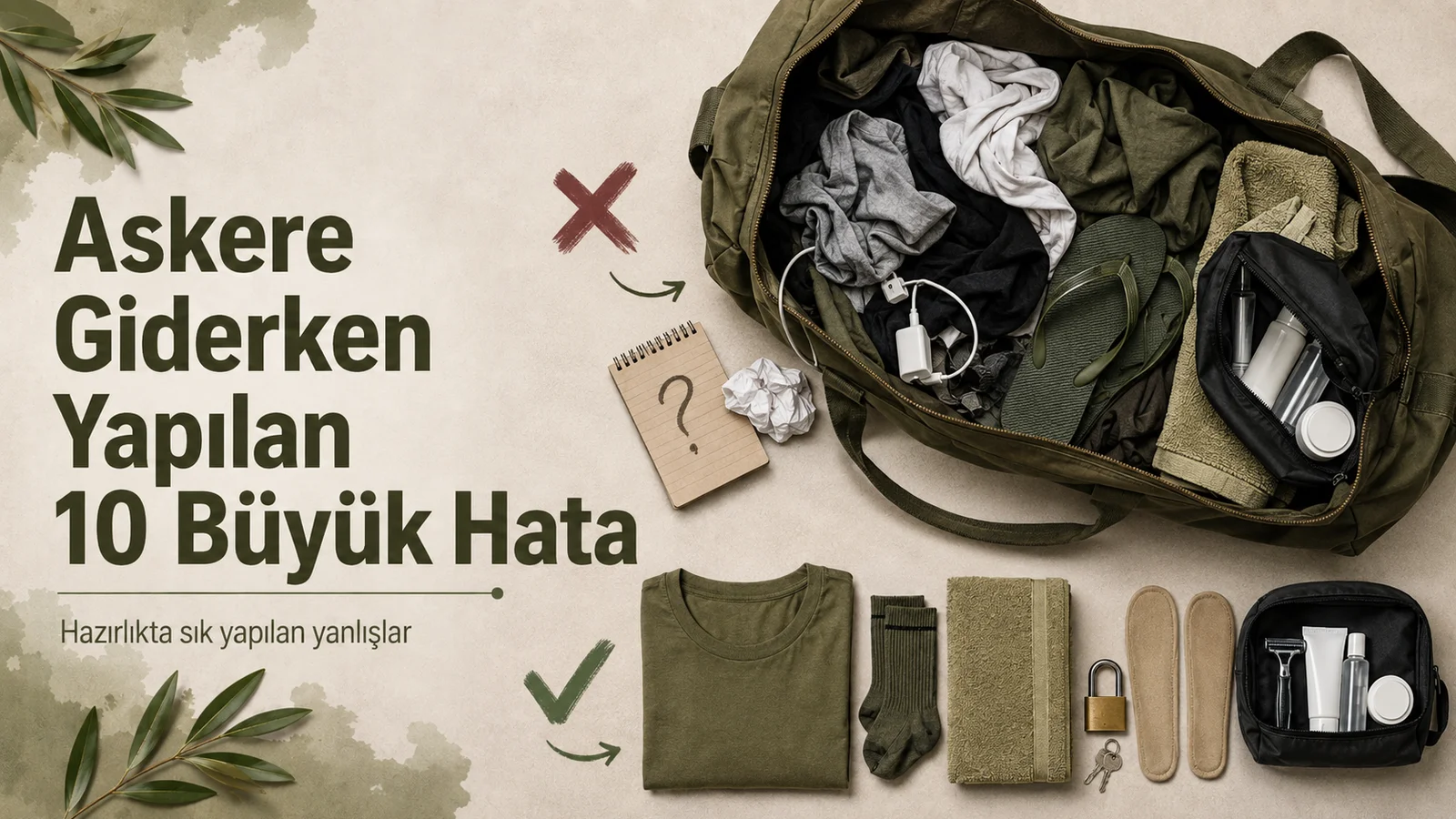 Askere giderken hazırlıkta yapılan 10 büyük hatayı anlatan asker çantası görseli