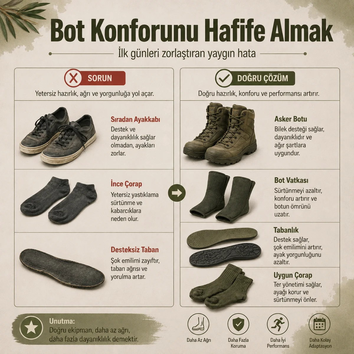 Asker botunda uygun çorap, bot vatkası ve tabanlıkla doğru konfor hazırlığı
