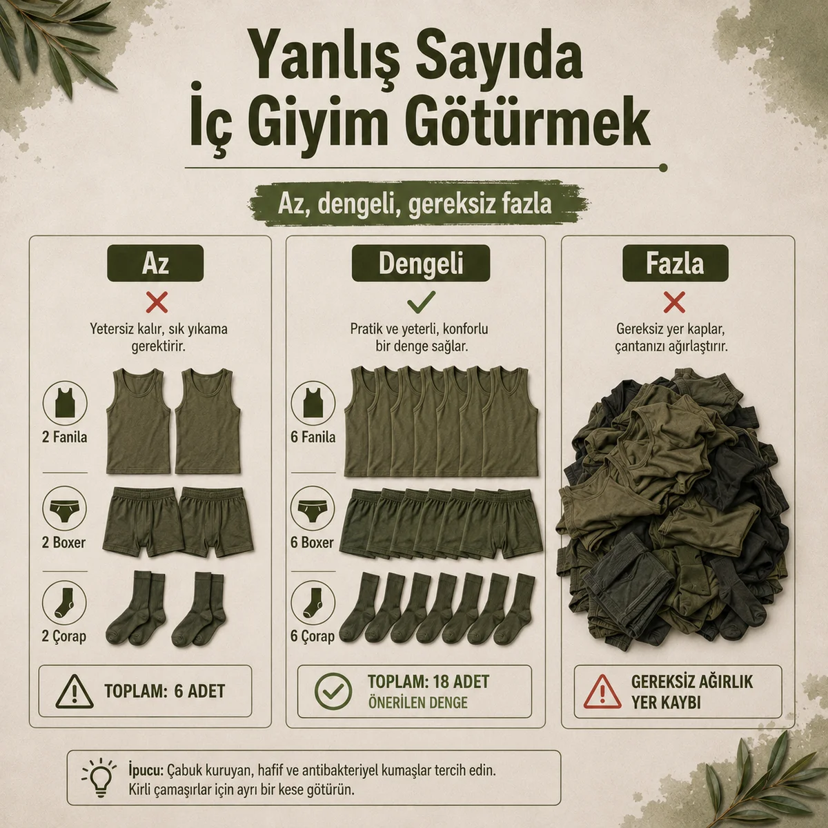 Askerlikte az, dengeli ve gereksiz fazla iç giyim götürme karşılaştırması