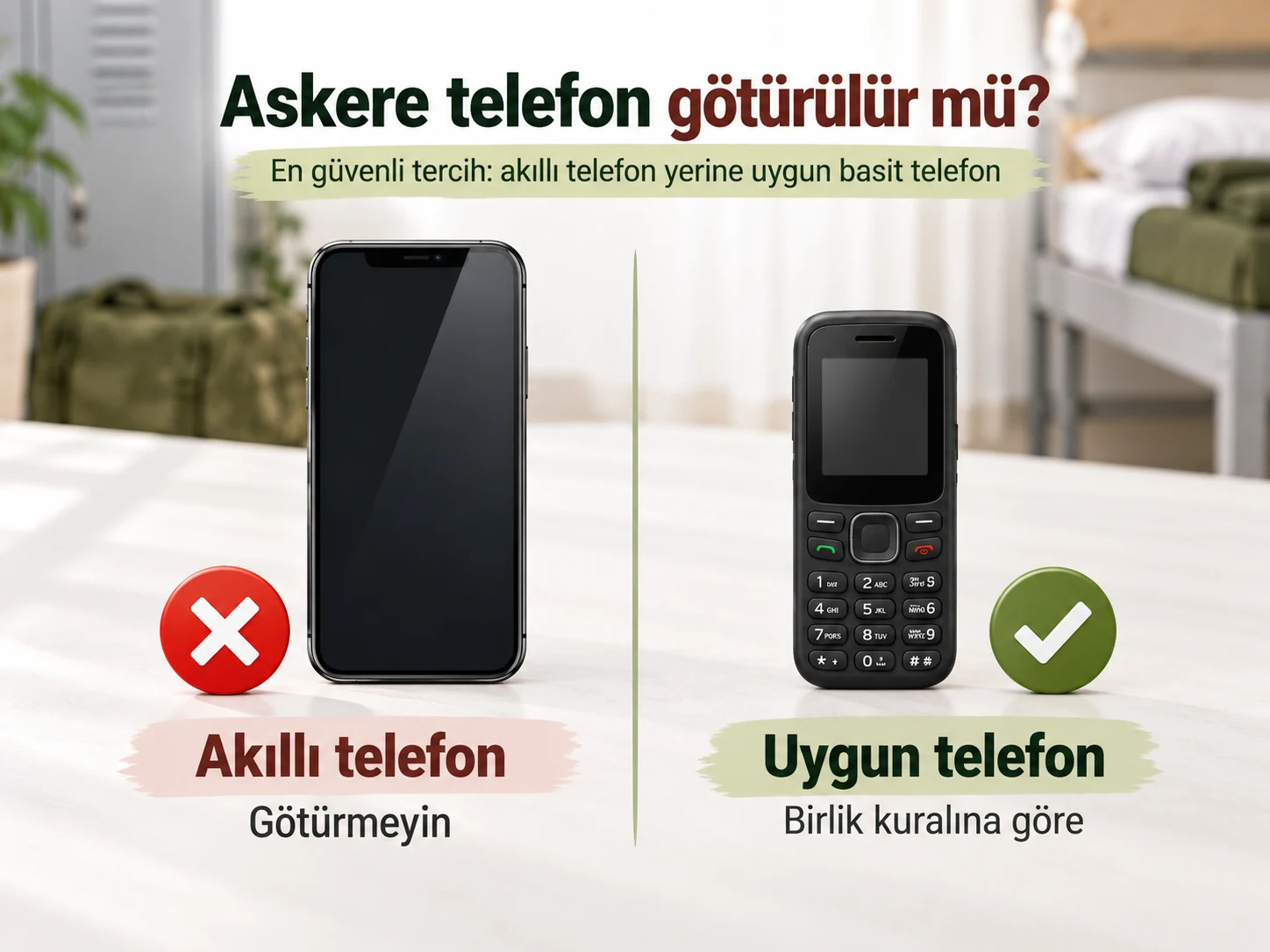 Askere akıllı telefon yerine uygun basit telefon kullanımını anlatan karşılaştırma görseli