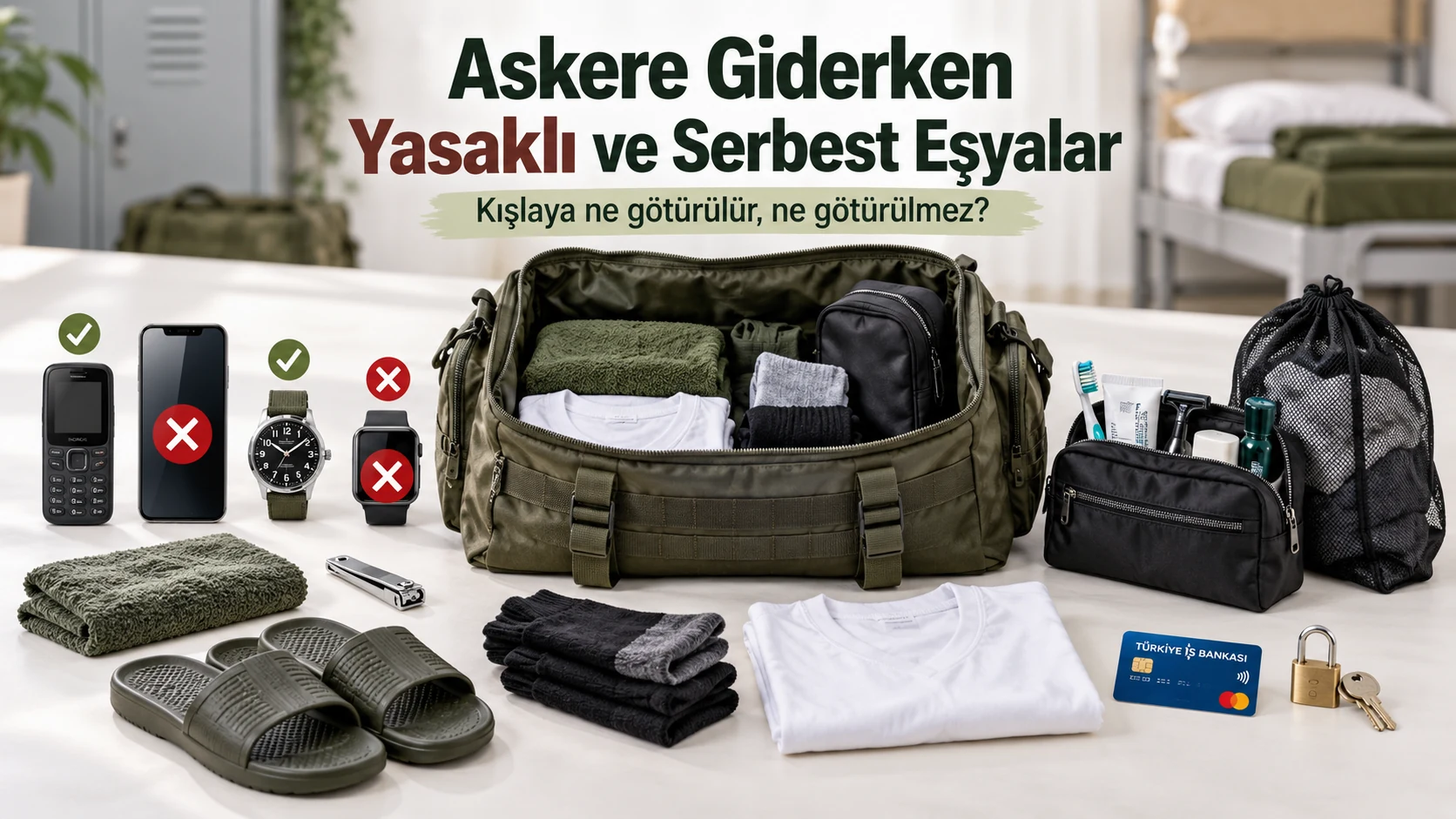 Askere giderken yasaklı ve serbest eşyaları gösteren asker çantası hazırlık görseli
