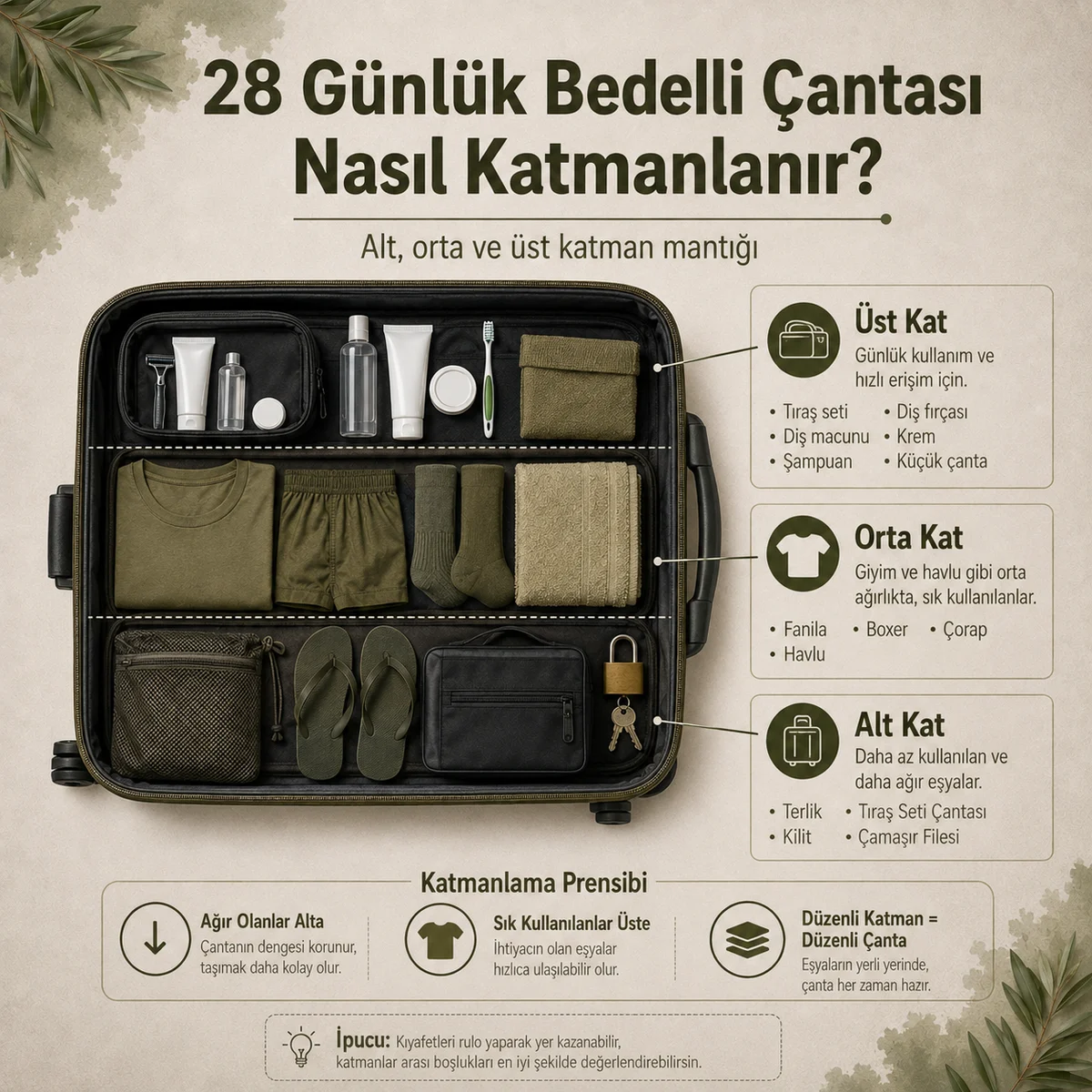 Bedelli askerlik çantasında 28 günlük kullanım için alt, orta ve üst katman yerleşim örneği