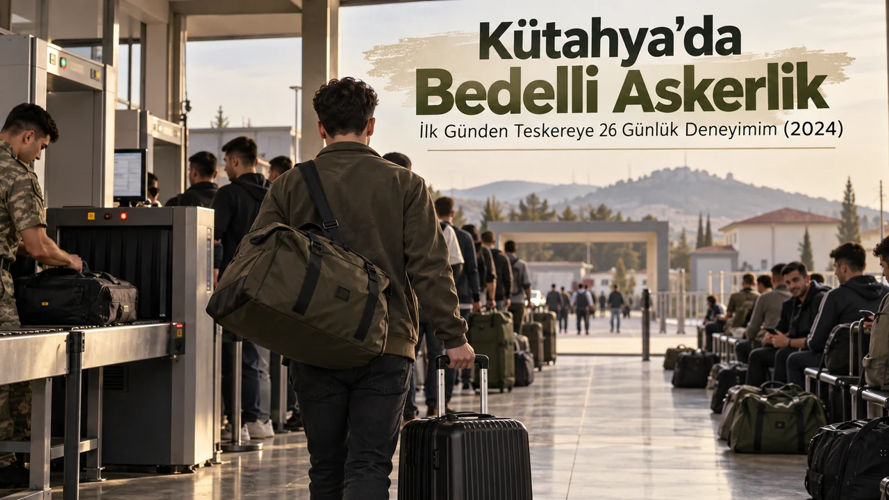 Kütahya’da 2024 bedelli askerlik deneyimini simgeleyen, girişte valiziyle bekleyen asker adayı temsili illüstrasyonu