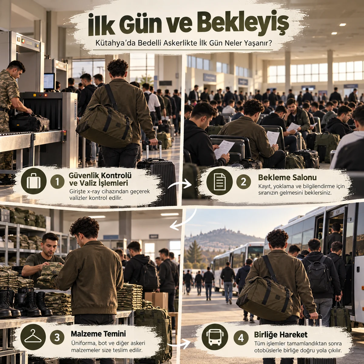 Kütahya’da ilk gün yaşanan güvenlik kontrolü, bekleme, istihkak teslimi ve birlik binasına geçiş aşamalarını gösteren temsili görsel