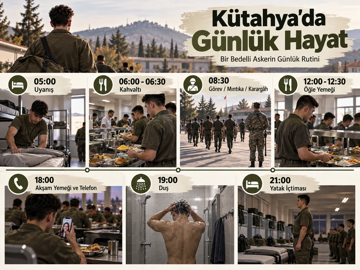 Temmuz 2024 Kütahya bedelli askerlik kişisel deneyiminde sabah kalkış, yemek, görev, duş ve içtima saatlerinin temsili zaman çizelgesi