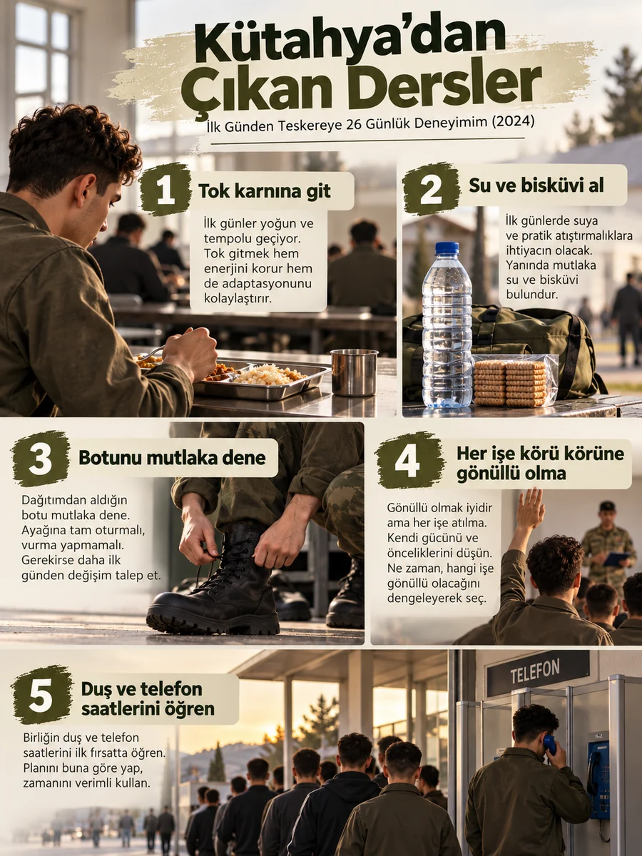 Kütahya 2024 bedelli askerlik deneyiminden tok gitme, su ve atıştırmalık bulundurma, bot deneme, görev seçimi ve duş-telefon düzeni hakkında beş kişisel tavsiye